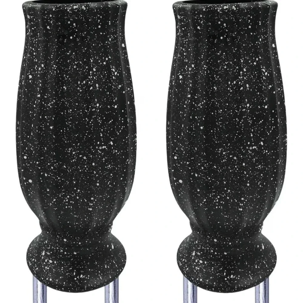 Set of 2 Black Granite Style Plastic Cemetery Vases with Metal Ground Spikes for